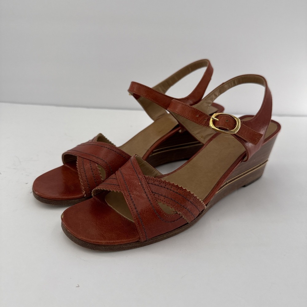 Vintage 70s Strappy Wood Wedge Made In Itsly Sz 7S Womens Sandals Leather Boho